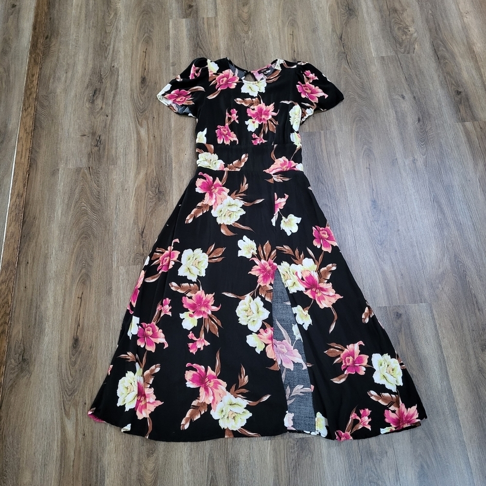 AFRM Women's Black Open Back Floral Print Dress Size Large Midi Puff Sleeve Slit